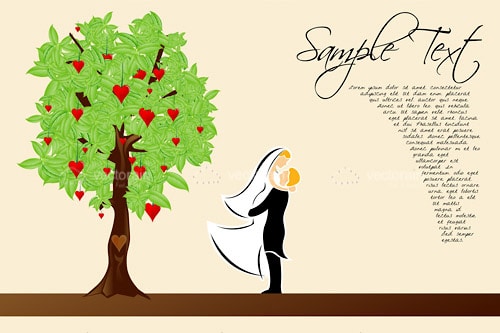 Bride and Groom Cuddling by Tree with Hearts with Sample Text